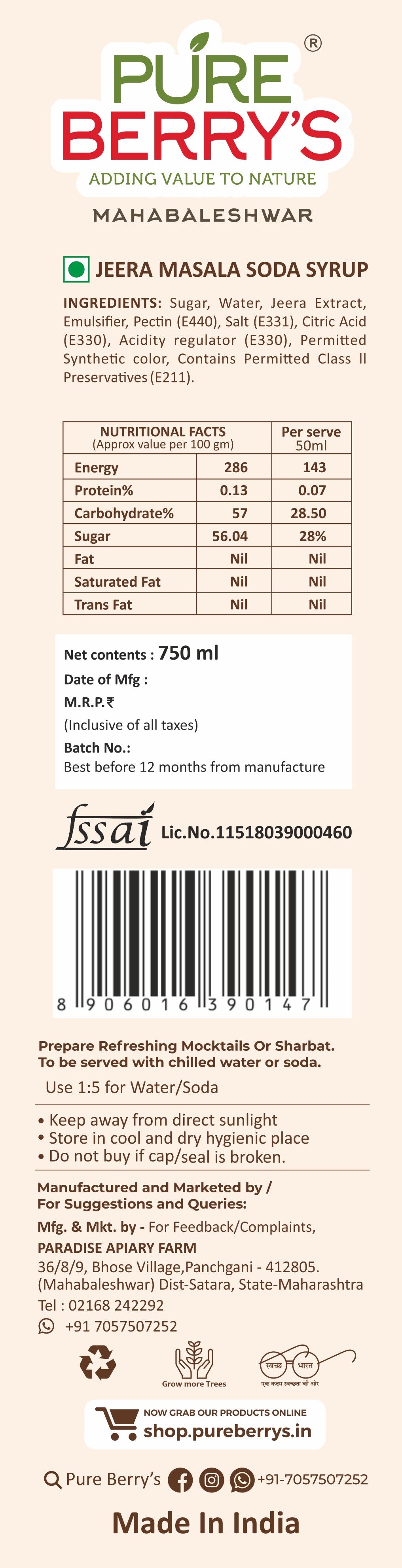 Jeera Masala Soda Syrup (750ml)