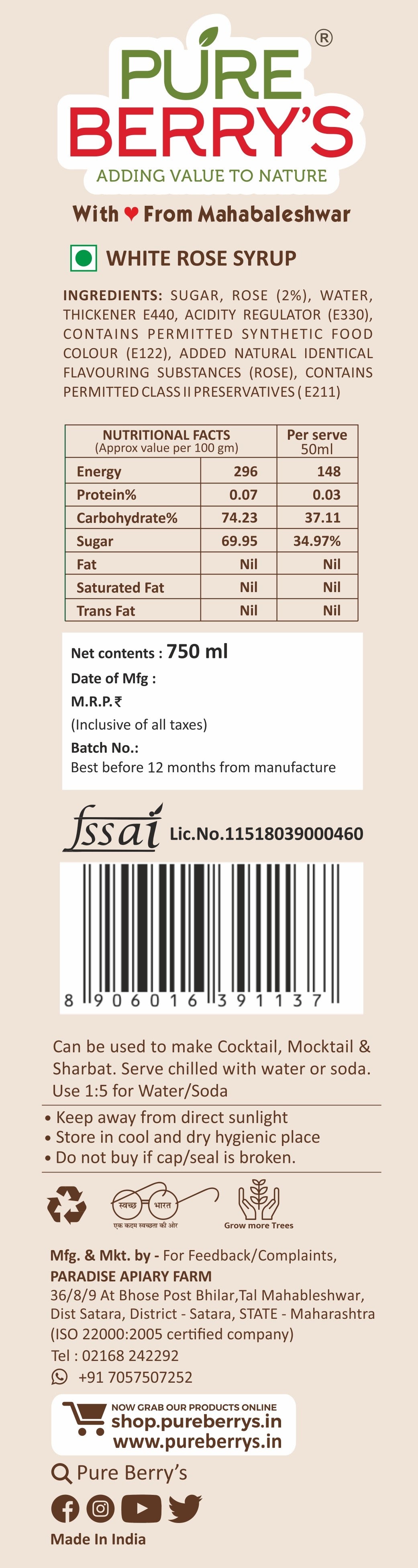 White Rose Syrup (750ml)